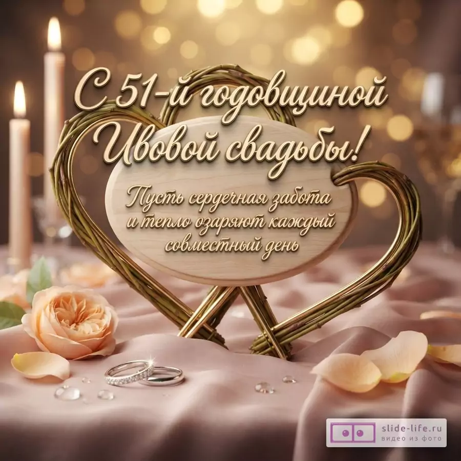 Открытка с золотистым фоном боке, двумя свечами, розой, лепестками и обручальными кольцами. В центре деревянная табличка в форме сердца из веток с текстом: «С 51-й годовщиной Ивовой свадьбы! Пусть сердечная забота и тепло озаряют каждый совместный день»