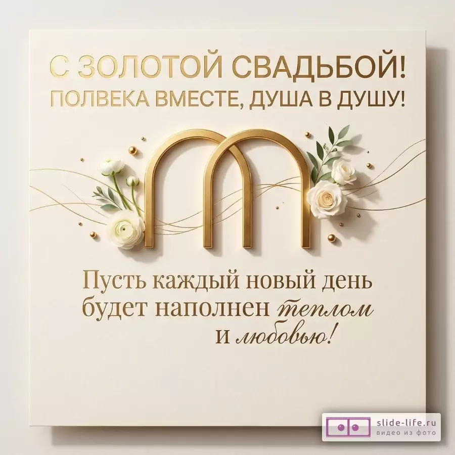 Бежевый фон, золотые кольца и белые розы, золотой текст «С ЗОЛОТОЙ СВАДЬБОЙ! ПОЛВЕКА ВМЕСТЕ, ДУША В ДУШУ!», «Пусть каждый новый день будет наполнен теплом и любовью!»