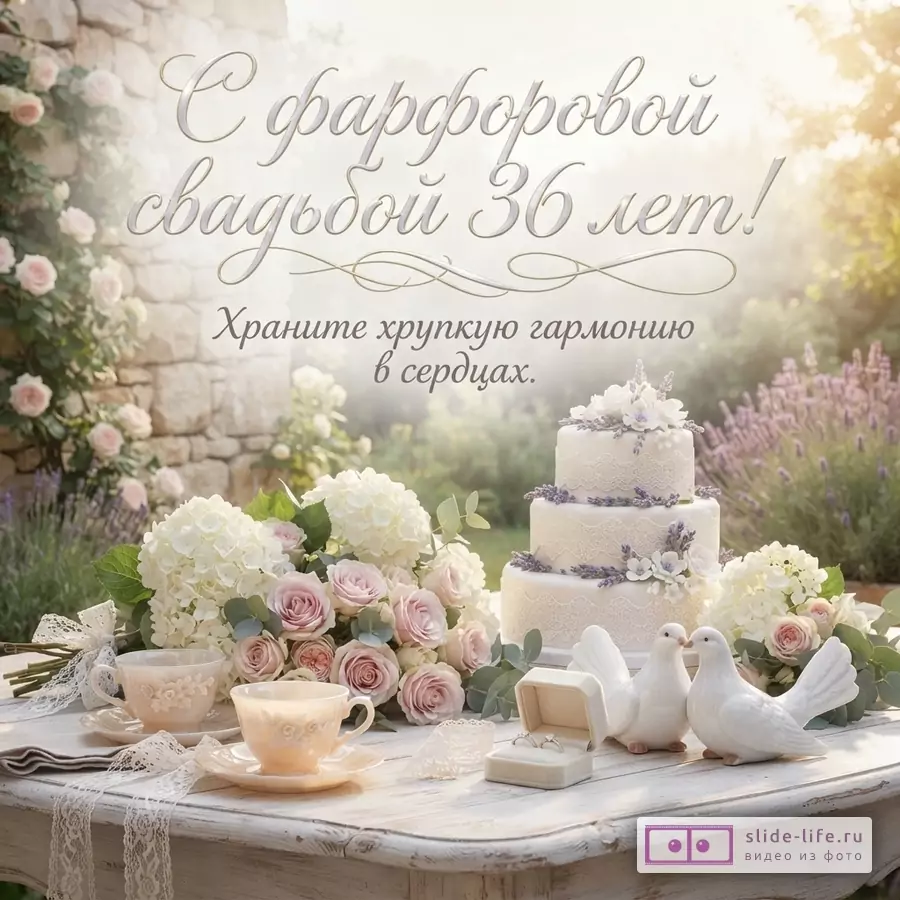 Открытка с бежевым фоном, на переднем плане стол с цветами, тортом, чашками и двумя белыми голубями. Текст: «С фарфоровой свадьбой 36 лет! Храните хрупкую гармонию в сердцах.»