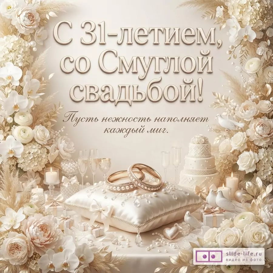 Бежево-белая свадебная открытка с цветами, кольцами, подушкой, свечами, бокалами и тортом. Текст «С 31-летием, со Смуглой свадьбой! Пусть нежность наполняет каждый миг.»