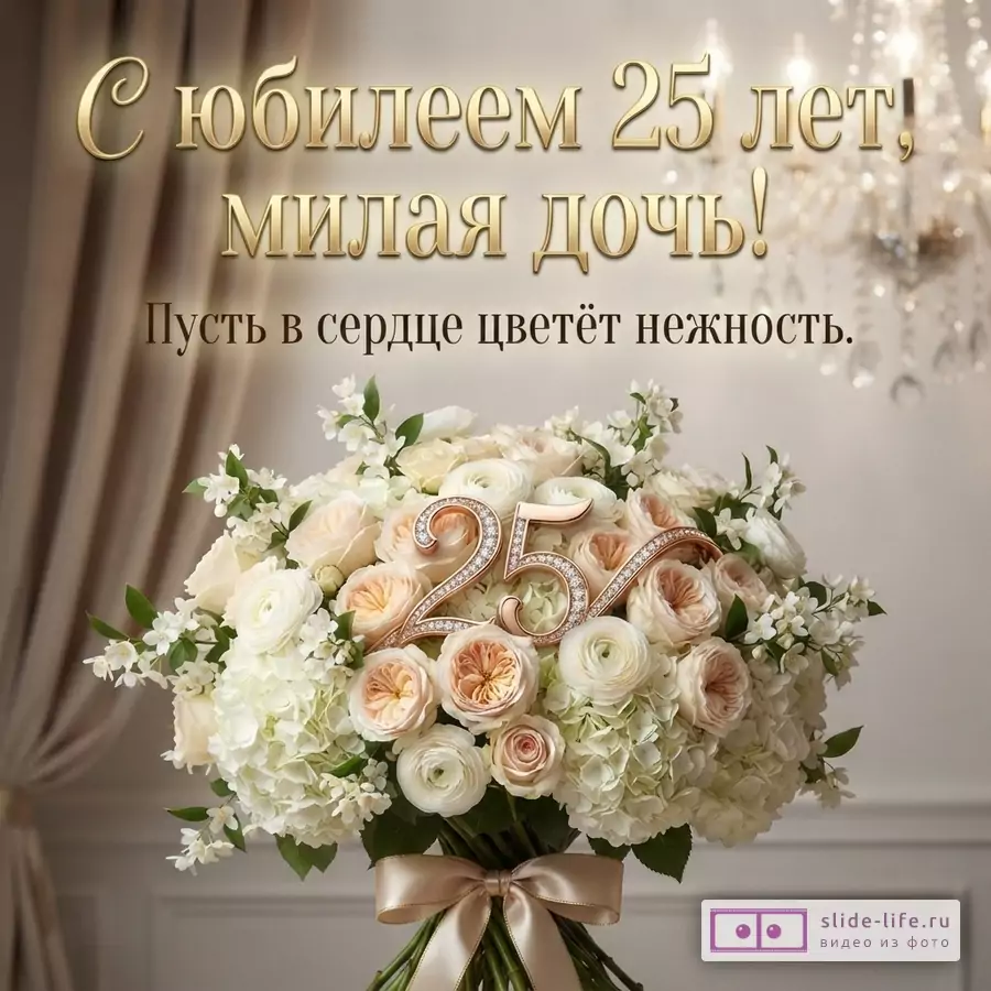 Пышный букет кремовых роз и белых цветов с цифрой 25 на фоне штор и люстры с надписью «С юбилеем 25 лет, милая дочь! Пусть в сердце цветёт нежность.»