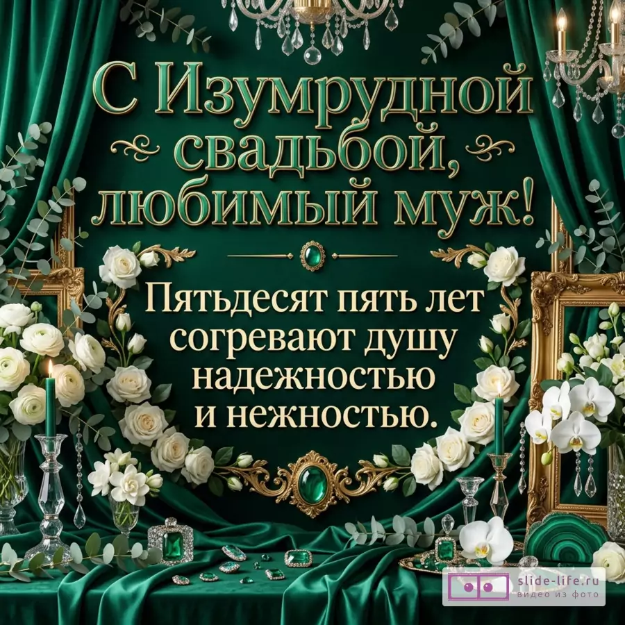 Открытка в изумрудных и золотых тонах, зеленый бархатный фон, белые розы, орхидеи, свечи, хрустальные подвески, золотые рамы, изумруды, текст «С Изумрудной свадьбой, любимый муж! Пятьдесят пять лет согревают душу надежностью и нежностью.»