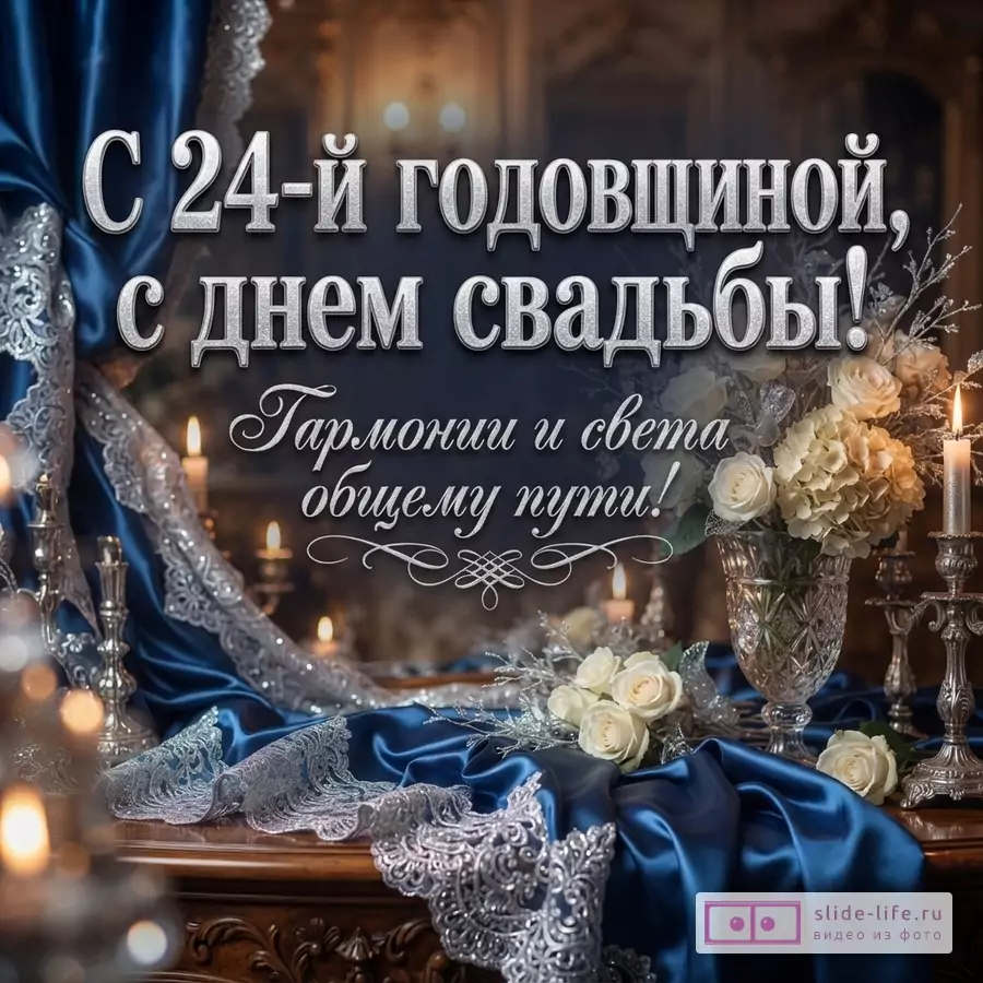Синий атлас с серебряным кружевом, букет белых роз в хрустальной вазе и горящие свечи. Текст: «С 24-й годовщиной, с днем свадьбы! Гармонии и света общему пути!»