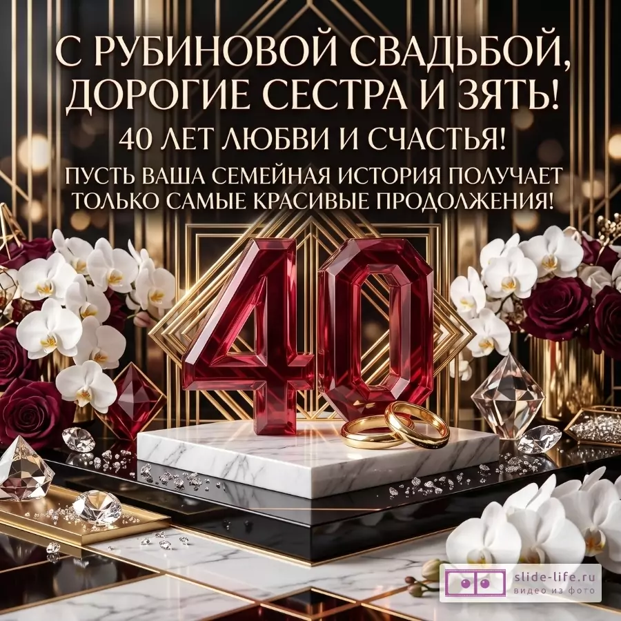 Темный черно-золотой фон, рубиновые «40», белые орхидеи, бордовые розы, золотые кольца. Текст: «С РУБИНОВОЙ СВАДЬБОЙ, ДОРОГИЕ СЕСТРА И ЗЯТЬ!», «40 ЛЕТ ЛЮБВИ И СЧАСТЬЯ!»