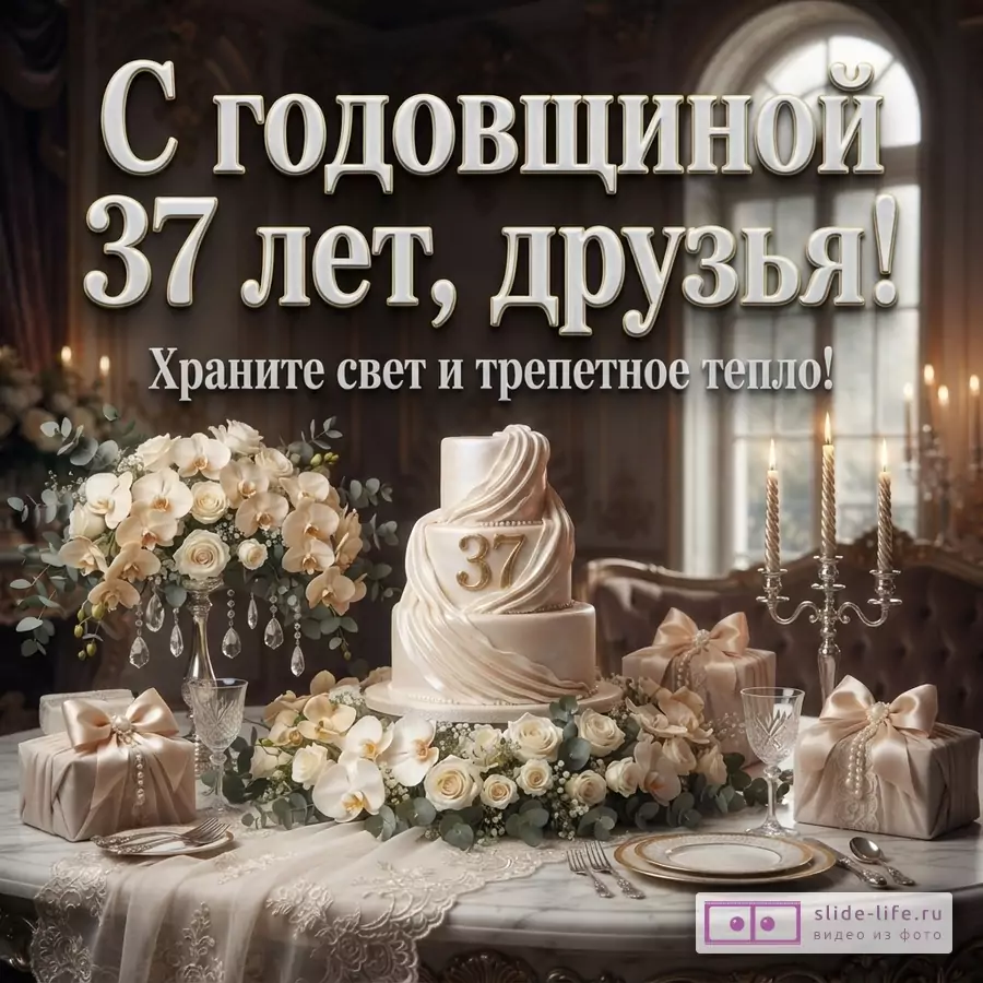 Открытка с Муслиновой свадьбой. На переднем плане праздничный стол с белым тортом, украшенным цифрой «37», цветами и подарками. Фон темный, интерьерный. Текст: «С годовщиной 37 лет, друзья! Храните свет и трепетное тепло!»