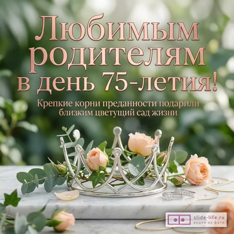 Серебряная корона с чайными розами, кольца на мраморе и надпись «Любимым родителям в день 75-летия! Крепкие корни преданности подарили близким цветущий сад жизни».
