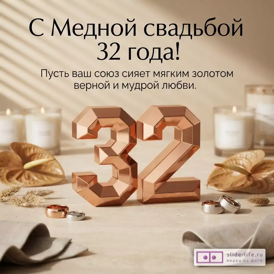 Бежевый фон, сверху текст черным цветом «С Медной свадьбой 32 года! Пусть ваш союз сияет мягким золотом верной и мудрой любви.». В центре объемные медные цифры «32». Слева и справа от цифр обручальные кольца, свечи и цветы.