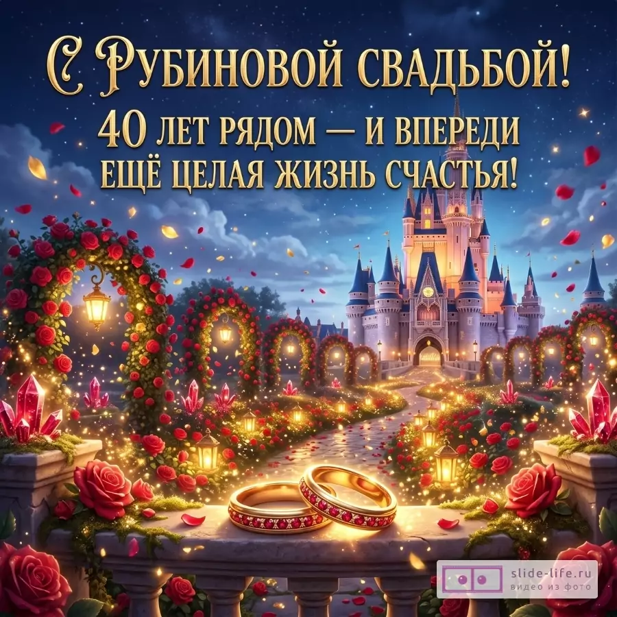 Синий ночной фон, замок, арки с красными розами, золотые кольца и лепестки; текст «С рубиновой свадьбой! 40 лет рядом — и впереди ещё целая жизнь счастья!»