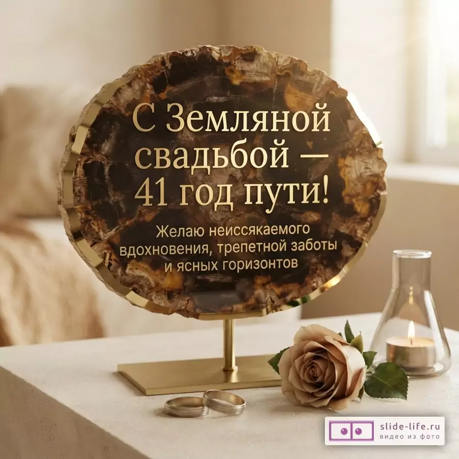 Памятная табличка из камня с золотой окантовкой на подставке, на переднем плане два обручальных кольца, роза и свеча. Текст: «С Земляной свадьбой — 41 год пути! Желаю неиссякаемого вдохновения, трепетной заботы и ясных горизонтов»
