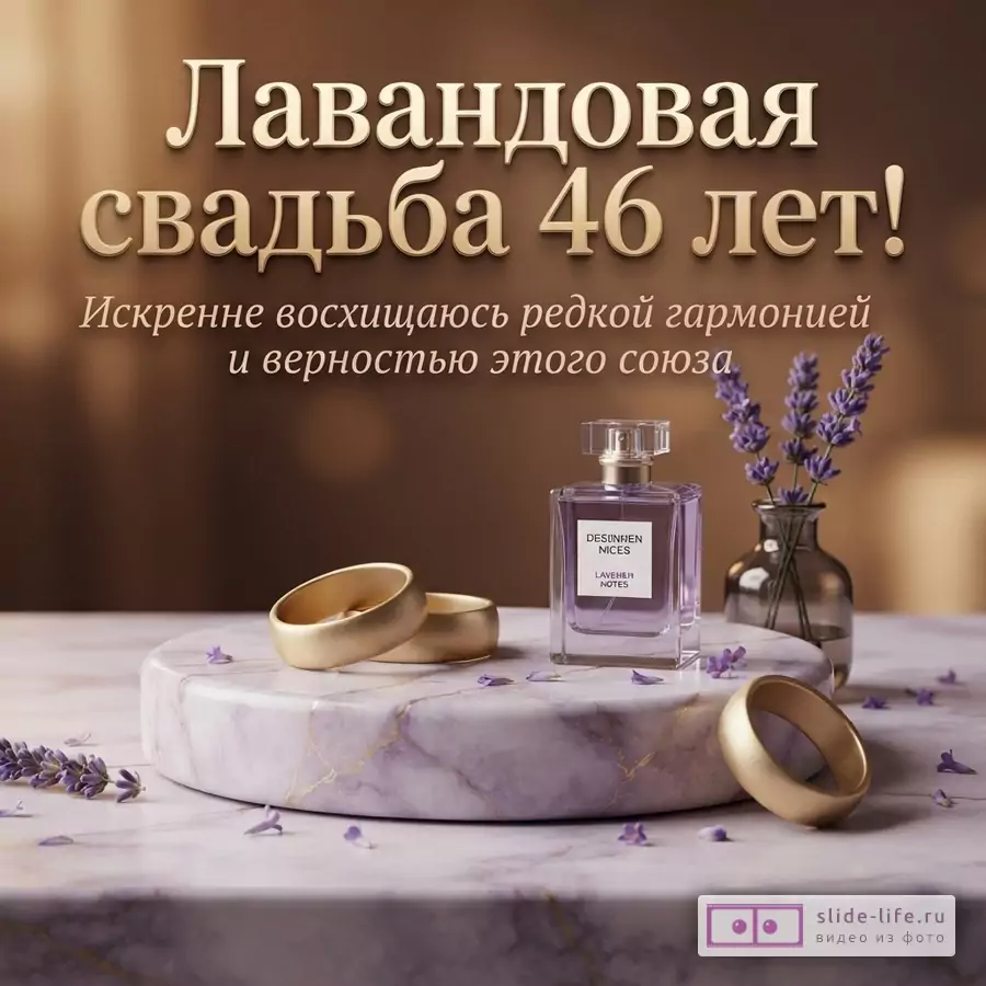 Открытка на коричневом фоне с золотыми буквами. Текст «Лавандовая свадьба 46 лет! Искренне восхищаюсь редкой гармонией и верностью этого союза». Внизу два золотых кольца, флакон духов с лавандой и ваза с лавандой.