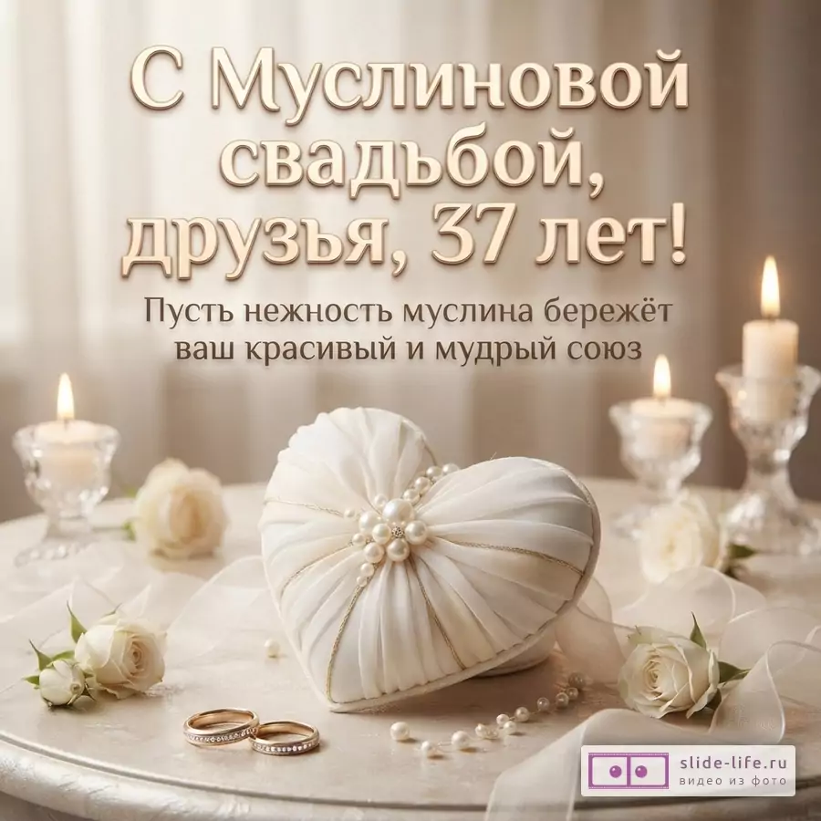 Открытка с бежевым фоном, золотистым текстом, белым сердцем из муслина и жемчуга, двумя обручальными кольцами, белыми розами и свечами. Текст: «С Муслиновой свадьбой, друзья, 37 лет! Пусть нежность муслина бережёт ваш красивый и мудрый союз.»