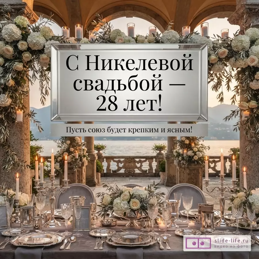 Праздничный стол с сервировкой на фоне моря и гор, украшенный цветами и свечами. В центре надпись «С Никелевой свадьбой — 28 лет! Пусть союз будет крепким и ясным!»