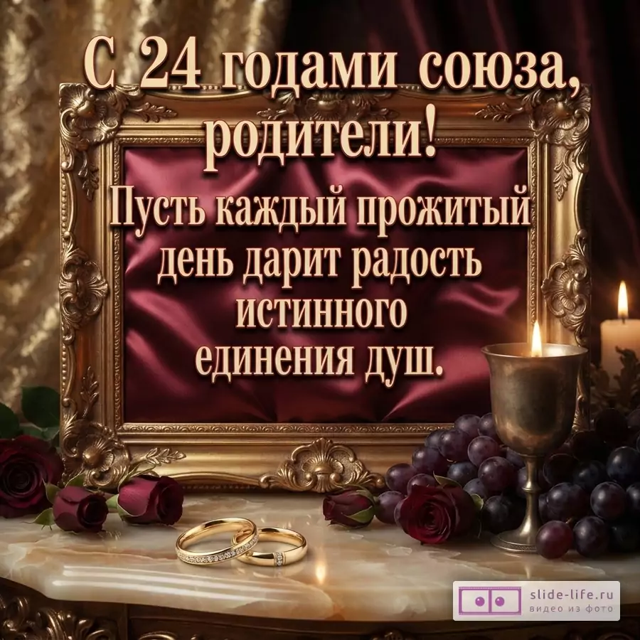 Золотая резная рамка с бордовым атласом, обручальные кольца, розы, виноград и свеча. Текст: «С 24 годами союза, родители! Пусть каждый прожитый день дарит радость истинного единения душ.»