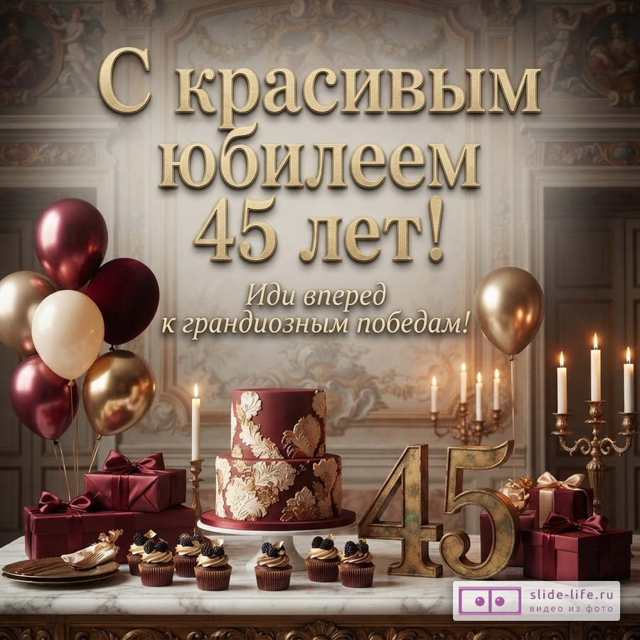 Открытка с золотыми буквами на бежевом фоне. Текст «С красивым юбилеем 45 лет! Иди вперед к грандиозным победам!». Слева связка бордовых, золотых и белых шаров. Справа золотой шар и подсвечник с горящими свечами. На столе бордовый торт с золотым узором, кексы, подарки в бордовой упаковке и золотые цифры 45.