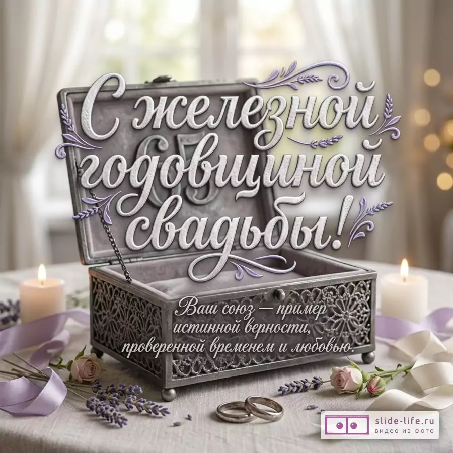 Серебристая шкатулка с узором, кольца, свечи, лавандовые веточки, розы, ленты на светлом фоне, текст «С железной годовщиной свадьбы! Ваш союз — пример истинной верности, проверенной временем и любовью.»
