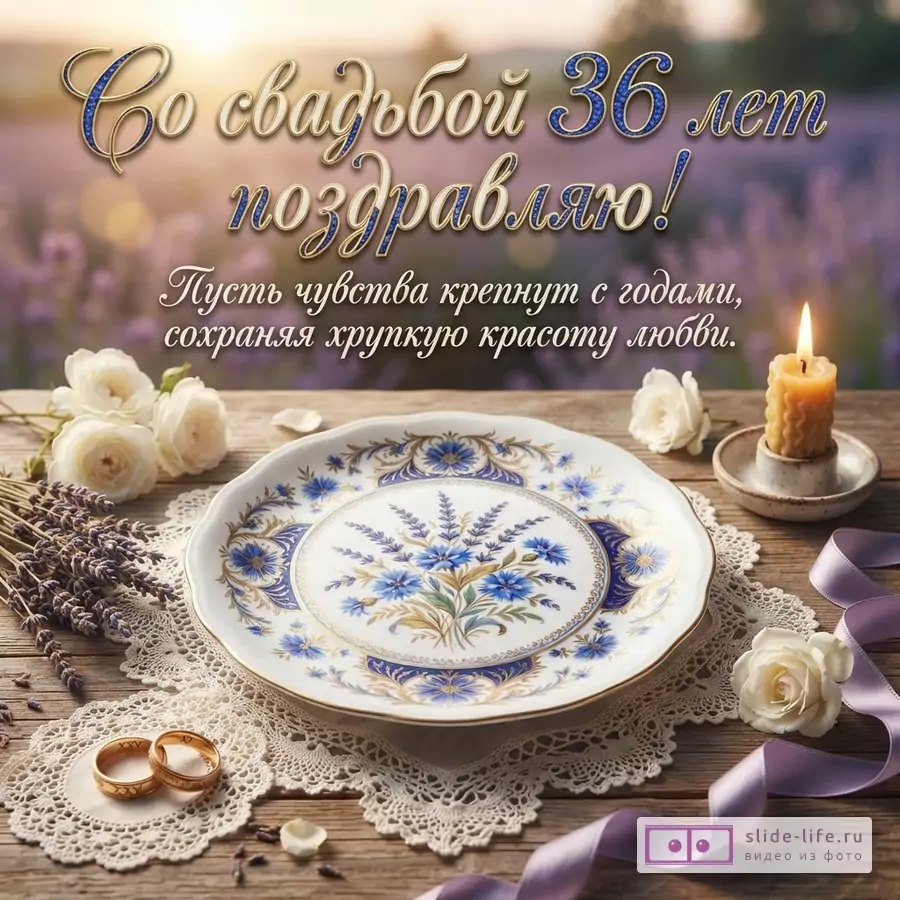 Открытка с надписью «Со свадьбой 36 лет поздравляю! Пусть чувства крепнут с годами, сохраняя хрупкую красоту любви.» на фоне размытого пейзажа, с белой тарелкой с синими цветами, двумя золотыми кольцами, белыми розами, лавандой, сиреневой лентой и горящей свечой.