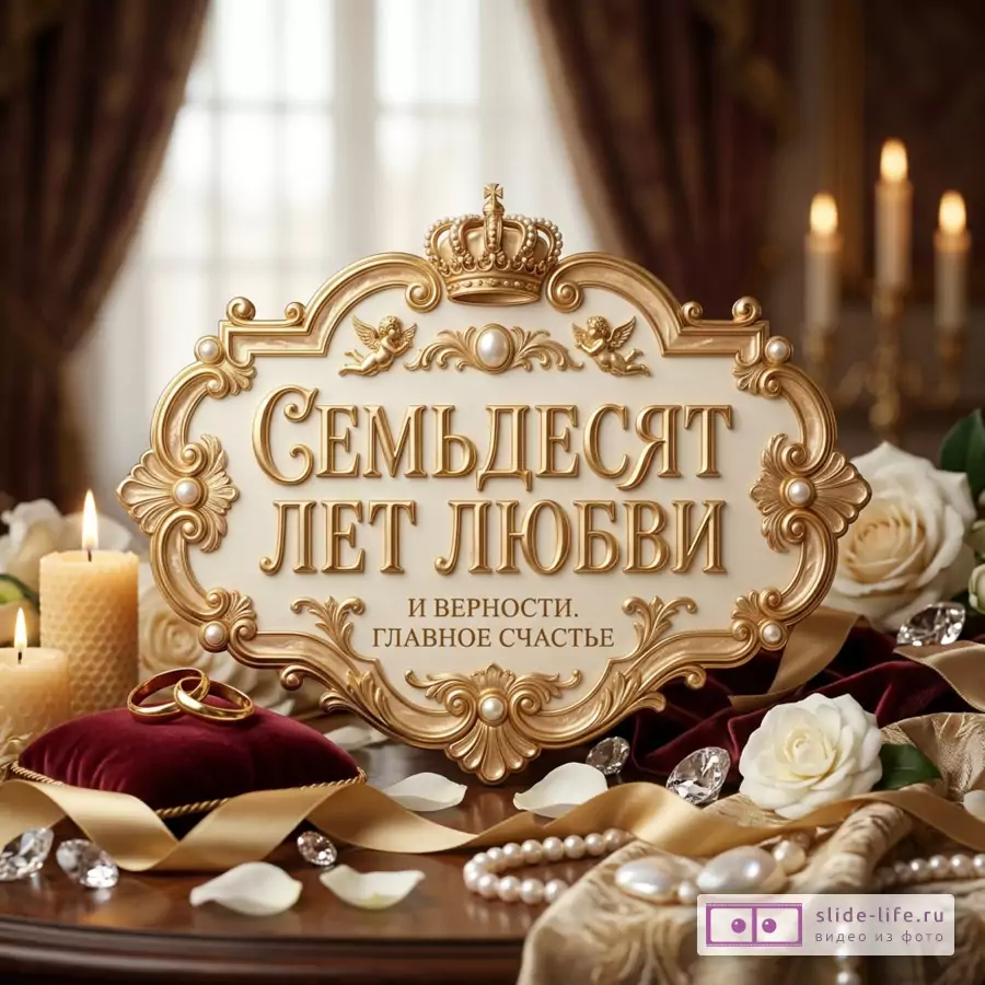 Золотая фигурная табличка с короной, свечи, белые розы, обручальные кольца на бордовой подушке, ленты и жемчуг на теплом коричневом фоне, текст «СЕМЬДЕСЯТ ЛЕТ ЛЮБВИ И ВЕРНОСТИ. ГЛАВНОЕ СЧАСТЬЕ»