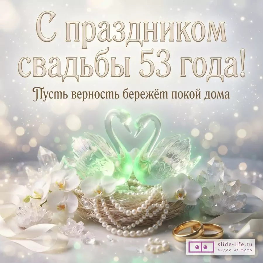 Светлый фон с боке, два стеклянных лебедя, жемчуг, белые орхидеи, кристаллы, два золотых кольца. Надпись «С праздником свадьбы 53 года! Пусть верность бережёт покой дома»