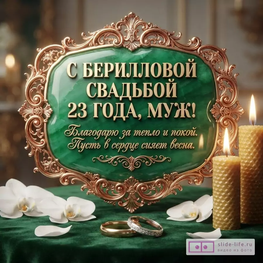 Изумрудная рамка с золотыми узорами и текстом «С Берилловой свадьбой 23 года, муж! Благодарю за тепло и покой. Пусть в сердце сияет весна.», рядом обручальные кольца, свечи и белые орхидеи.