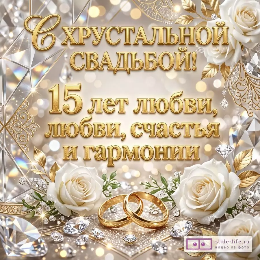 Роскошная открытка на 15 лет свадьбы — хрустальная годовщина любви