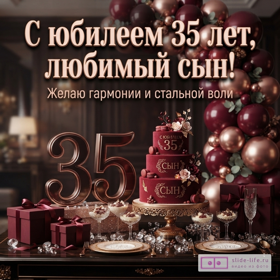 Объемная цифра 35, бордовый торт, подарки и гирлянда из воздушных шаров с текстом «С юбилеем 35 лет, любимый сын! Желаю гармонии и стальной воли».