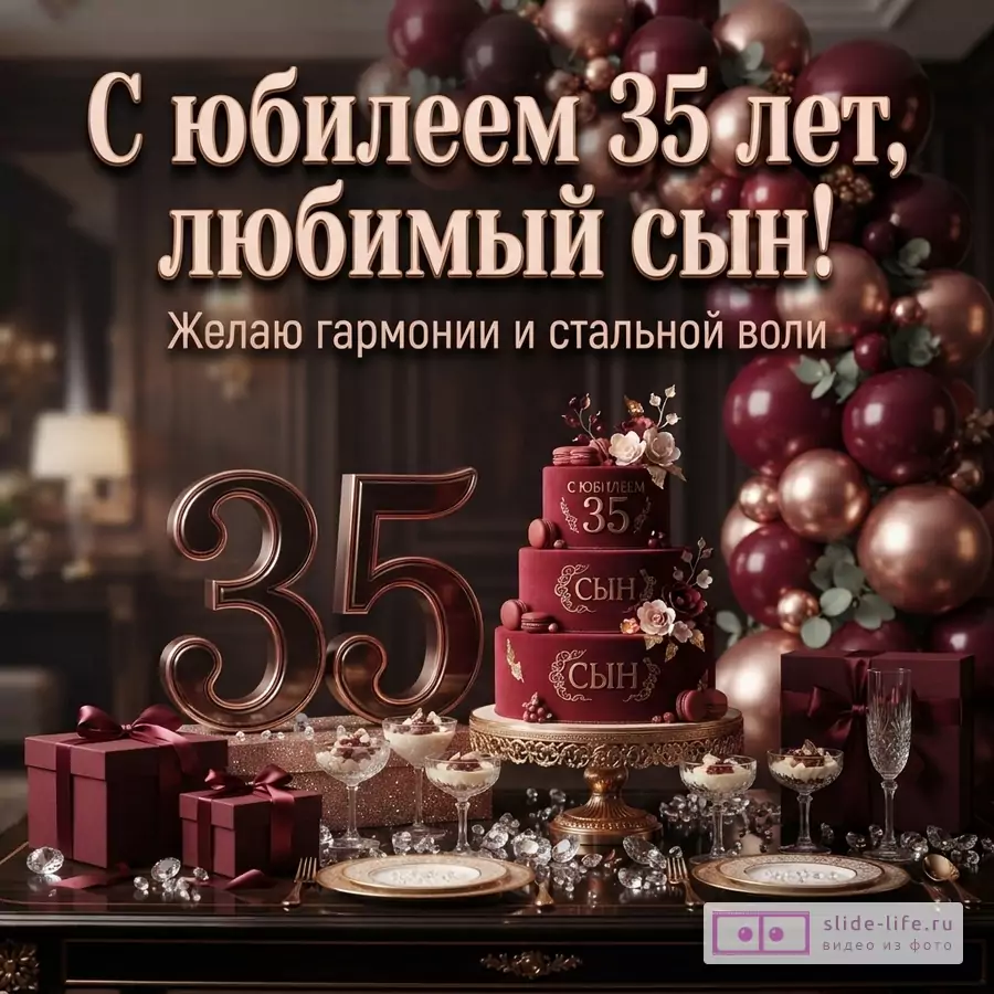 Объемная цифра 35, бордовый торт, подарки и гирлянда из воздушных шаров с текстом «С юбилеем 35 лет, любимый сын! Желаю гармонии и стальной воли».