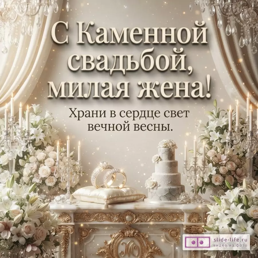 Бежевый фон, золотистые шторы, хрустальные люстры. На переднем плане мраморный стол с золотым декором, на нем два обручальных кольца на подушечке, многоярусный торт, подсвечники со свечами, букеты белых цветов. Текст: «С Каменной свадьбой, милая жена! Храни в сердце свет вечной весны.»