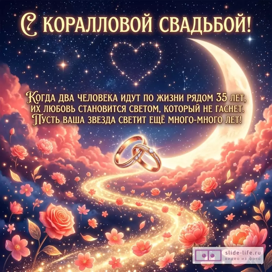 Темно-синий звездный фон, луна, розовые облака, цветы, золотые кольца и светящаяся дорожка; текст «С КОРАЛЛОВОЙ СВАДЬБОЙ!» и поздравление про 35 лет.