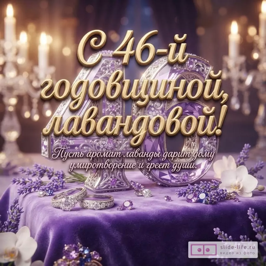 Открытка с фиолетовым фоном, золотыми буквами и цифрами, украшенными фиолетовыми камнями. Текст: «С 46-й годовщиной, лавандовой! Пусть аромат лаванды дарит дому умиротворение и греет души.»
