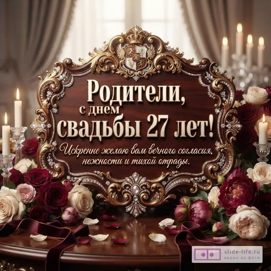 Деревянная табличка с золотой инкрустацией и гербом на фоне свечей и роз. Текст: «Родители, с днем свадьбы 27 лет! Искренне желаю вам вечного согласия, нежности и тихой отрады.»