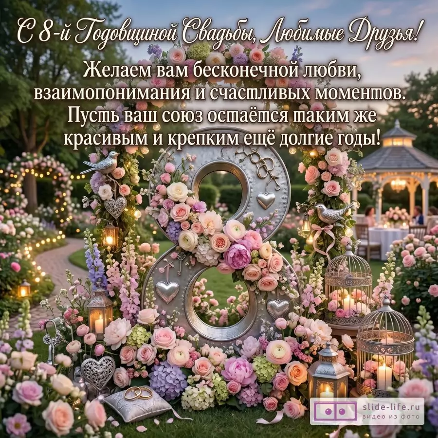 С 8-й годовщиной свадьбы, дорогие друзья — душевная открытка на жестяную свадьбу