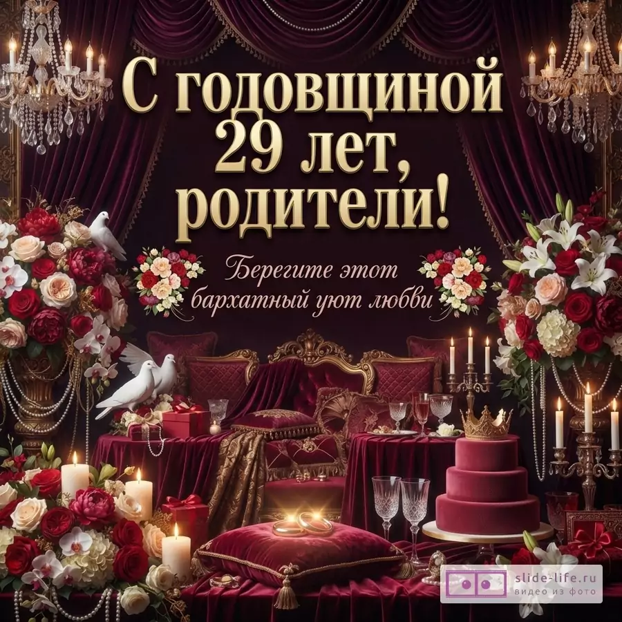 Открытка с бордовым фоном, золотыми люстрами, цветами, свечами и тортом. Текст: «С годовщиной 29 лет, родители! Берегите этот бархатный уют любви.»