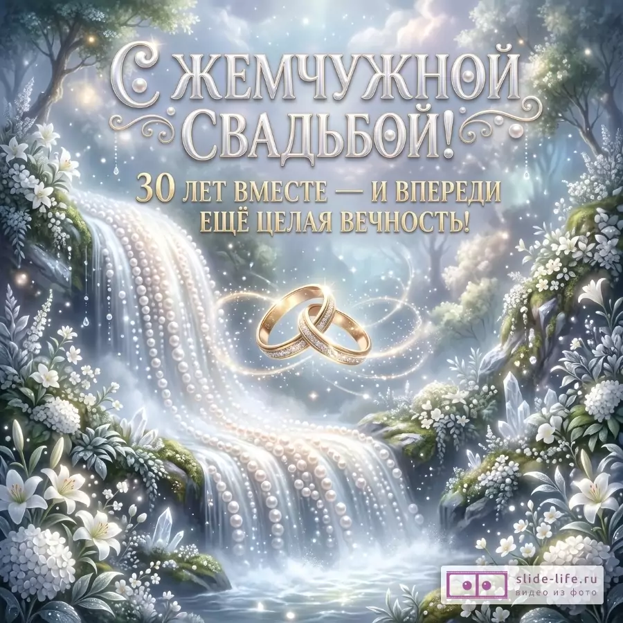 Праздничная открытка с светло-голубым фоном, жемчужными водопадами, белыми цветами и золотыми кольцами. Текст: «С ЖЕМЧУЖНОЙ СВАДЬБОЙ! 30 ЛЕТ ВМЕСТЕ — И ВПЕРЕДИ ЕЩЁ ЦЕЛАЯ ВЕЧНОСТЬ!»