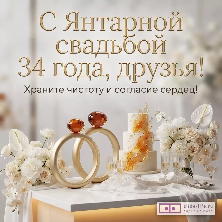 Светлый фон, золотые буквы, золотые кольца, янтарные шары, белый торт с золотым декором, белые цветы, бокалы с шампанским. Текст: «С Янтарной свадьбой 34 года, друзья! Храните чистоту и согласие сердец!»