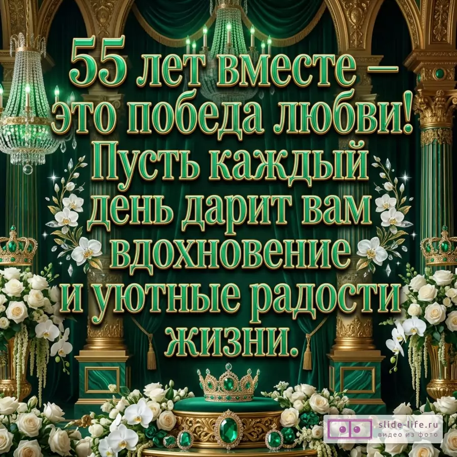 Открытка с текстом «55 лет вместе — это победа любви! Пусть каждый день дарит вам вдохновение и уютные радости жизни.» зеленый фон, золотые колонны, люстры, короны, белые цветы, изумруды