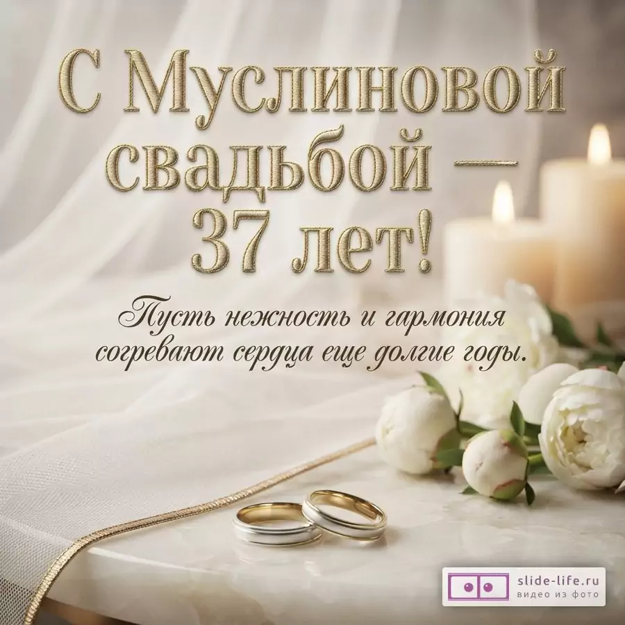 Бежевый фон, белая ткань, две свечи, белые пионы, два обручальных кольца. Надпись: «С Муслиновой свадьбой — 37 лет! Пусть нежность и гармония согревают сердца еще долгие годы.»