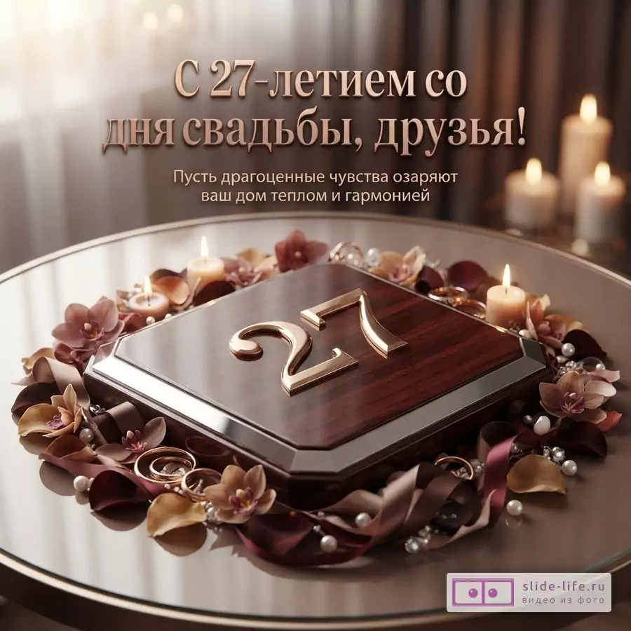 Коричневый фон, свечи, цветы, ленты, жемчуг. В центре деревянная табличка с золотыми цифрами «27». Текст: «С 27-летием со дня свадьбы, друзья! Пусть драгоценные чувства озаряют ваш дом теплом и гармонией»