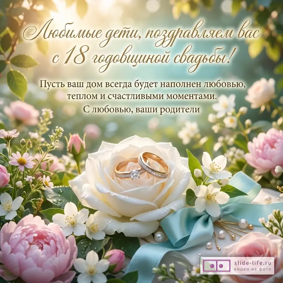 Бирюзово-зеленый размытый фон, белая роза, обручальные кольца, розовые пионы, белые цветы и бирюзовая лента. Текст: «Любимые дети, поздравляем вас с 18 годовщиной свадьбы!»