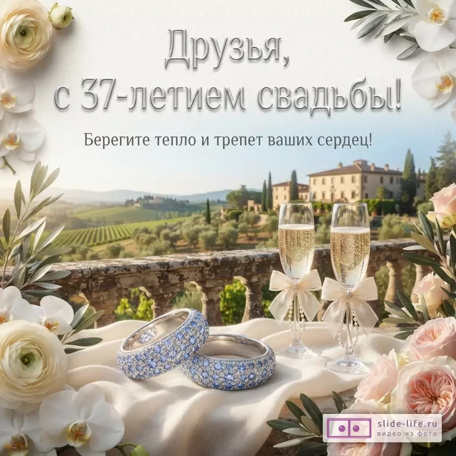 Светлый фон, цветы, оливковые ветви, два бокала шампанского, два кольца. Текст: «Друзья, с 37-летием свадьбы! Берегите тепло и трепет ваших сердец!»