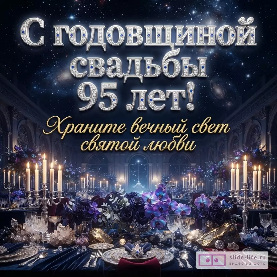Празднично сервированный стол со свечами и цветами на фоне ночного неба с текстом «С годовщиной свадьбы 95 лет! Храните вечный свет святой любви».