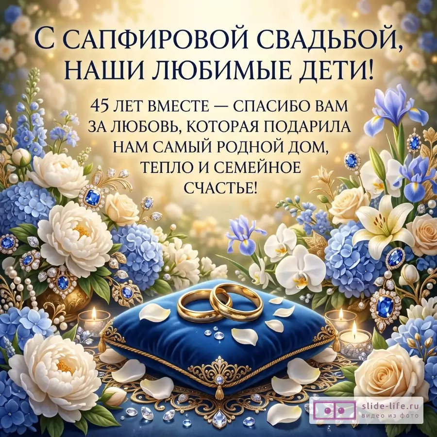 Бежево-золотой фон, голубые и белые цветы, синие подушки, золотые кольца, свечи; текст «С сапфировой свадьбой, наши любимые дети!»