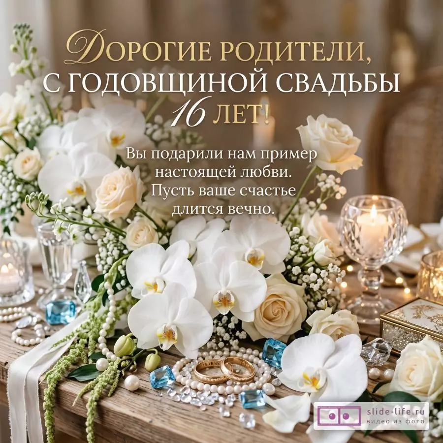 Бежево-золотистый фон, белые орхидеи и розы, свечи, жемчуг, голубые камни, обручальные кольца. Текст: «Дорогие родители, с годовщиной свадьбы 16 лет! Вы подарили нам пример настоящей любви. Пусть ваше счастье длится вечно.»