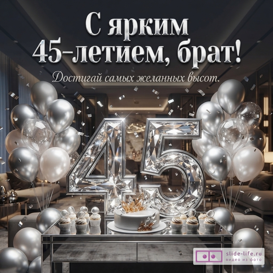 Темный фон, серебряные и белые воздушные шары, большие цифры «45» из кристаллов, торт, кексы. Текст: «С ярким 45-летием, брат! Достигай самых желанных высот.»