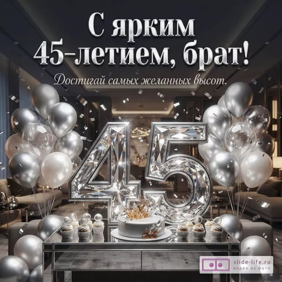 Темный фон, серебряные и белые воздушные шары, большие цифры «45» из кристаллов, торт, кексы. Текст: «С ярким 45-летием, брат! Достигай самых желанных высот.»