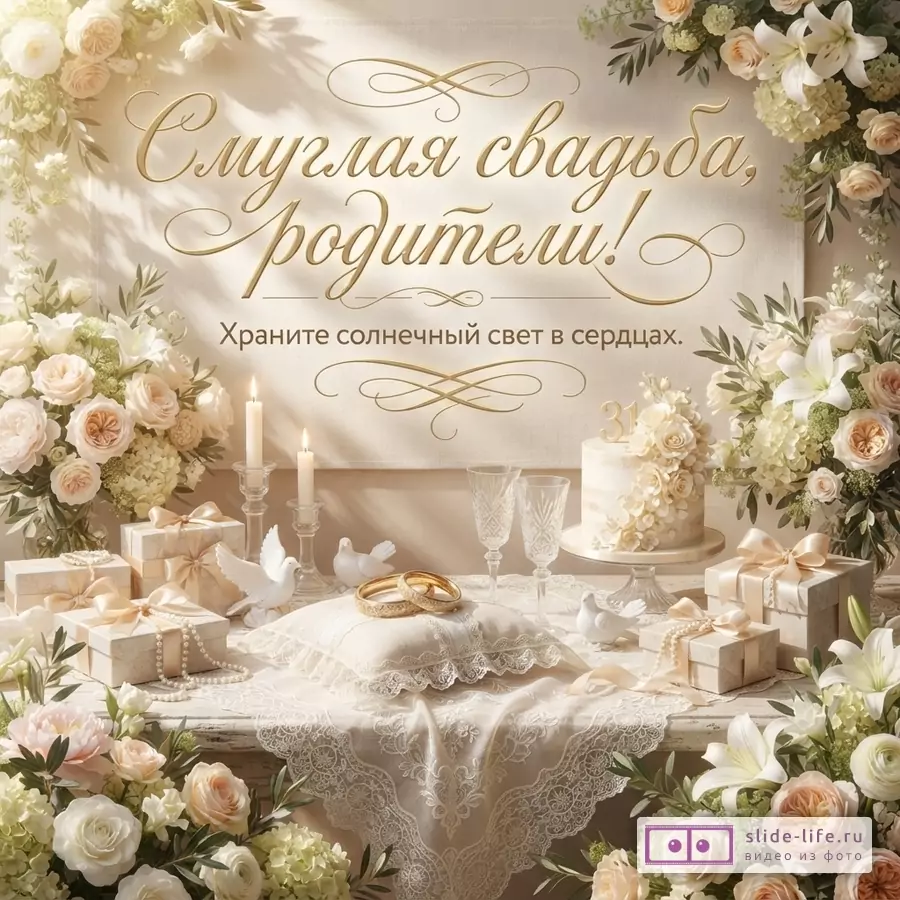 Бежево-золотая открытка с цветами, свечами, подарками, тортом с цифрой 31, кольцами и текстом «Смуглая свадьба, родители! Храните солнечный свет в сердцах.»