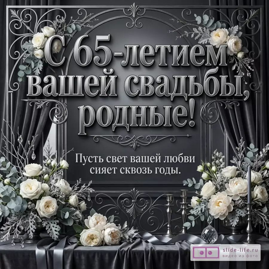 Темно-серый фон, черные шторы, серебристая кованая арка, белые цветы, свечи и ленты, текст «С 65-летием вашей свадьбы, родные! Пусть свет вашей любви сияет сквозь годы.»