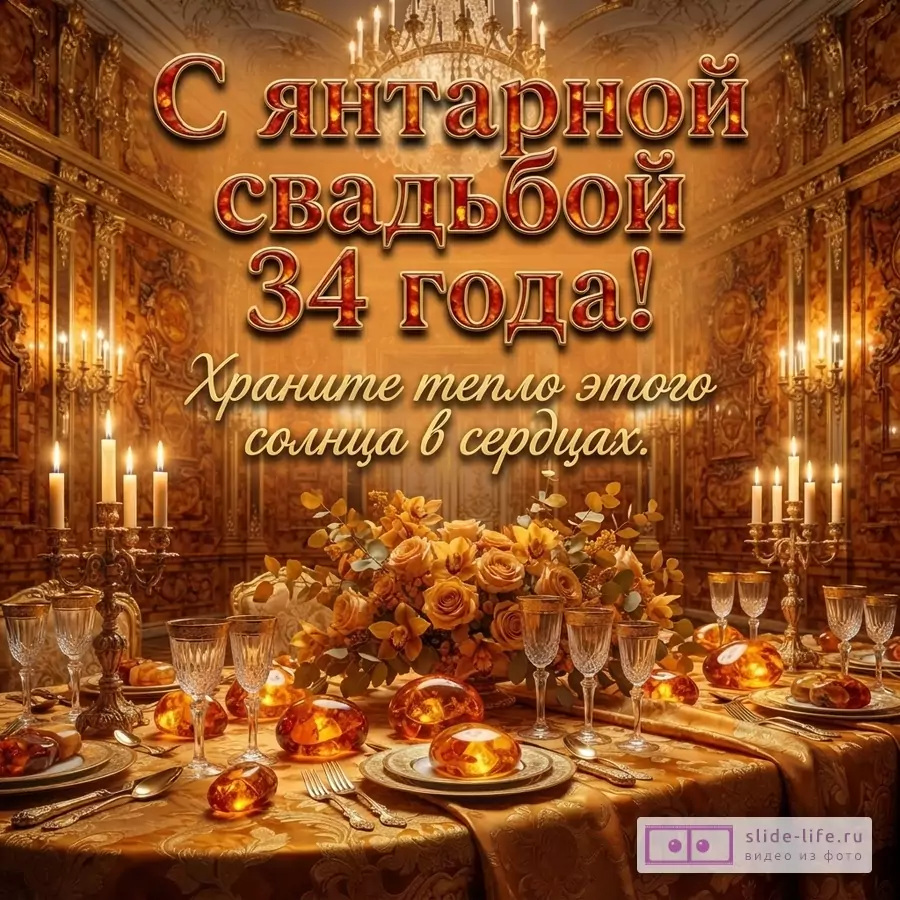 Стол, накрытый золотой скатертью, с янтарными украшениями, свечами и букетом роз. На фоне золотые стены и люстра. Текст: «С янтарной свадьбой 34 года! Храните тепло этого солнца в сердцах.»