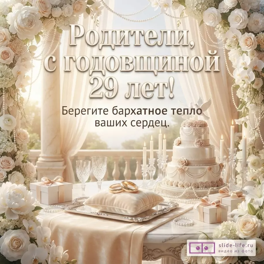 Открытка с бежевым фоном, украшенная белыми цветами и жемчугом. На столе свадебный торт, свечи, бокалы, подушечка с кольцами и подарки. Текст: «Родители, с годовщиной 29 лет! Берегите бархатное тепло ваших сердец.»