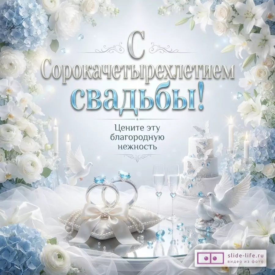 Светло-голубой фон, белые и голубые цветы, свечи, свадебный торт, два обручальных кольца на подушечке, два бокала, две белые голубки. Текст: «С Сорокачетырехлетием свадьбы!», «Цените эту благородную нежность»