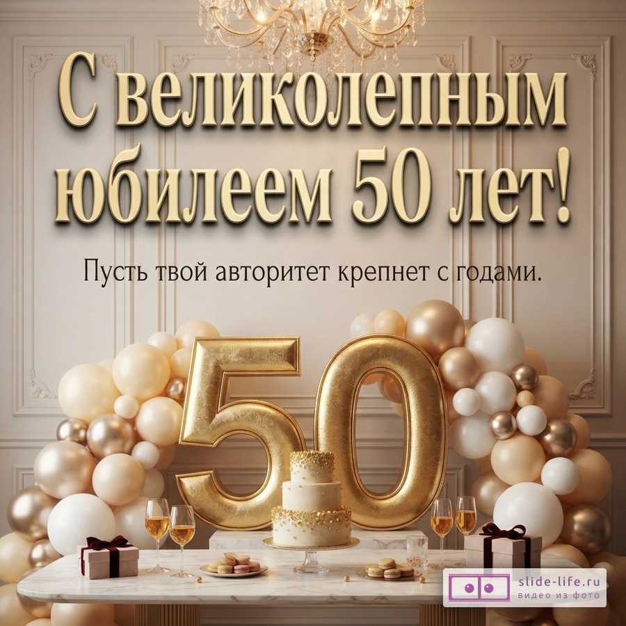 Открытка с золотыми буквами «С великолепным юбилеем 50 лет!» и «Пусть твой авторитет крепнет с годами» на фоне белой стены, золотых шаров, торта и цифр 50.